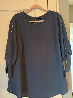 SHEIN Slate Blue Pearl-Trim Chiffon Blouse